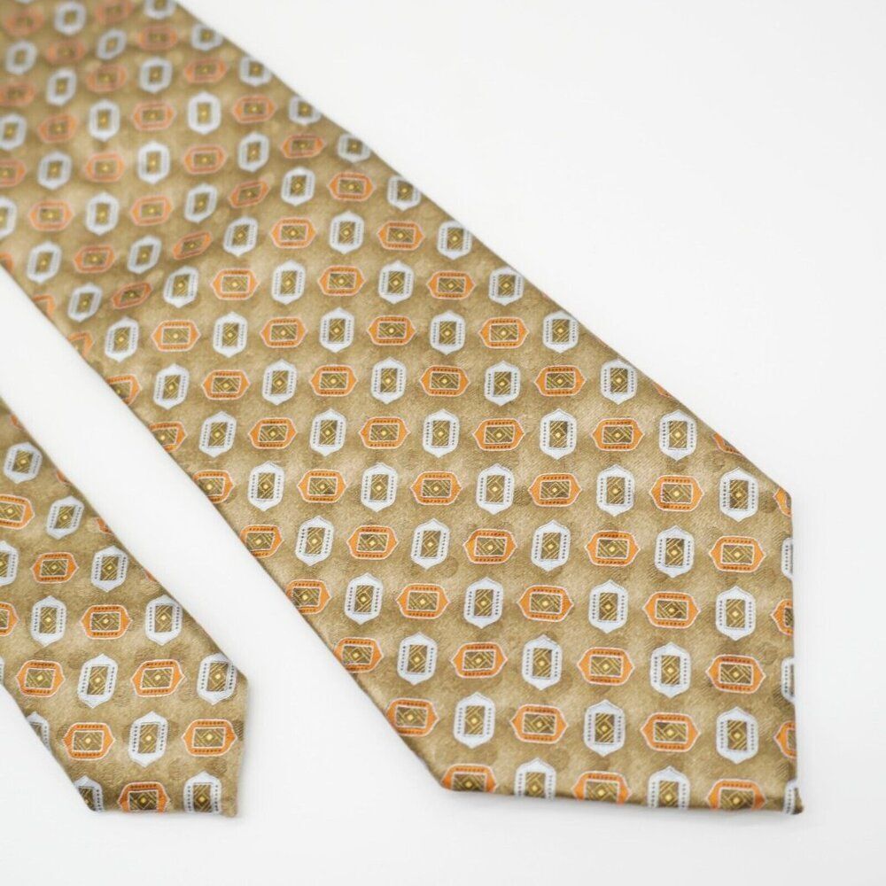 Ermenegildo Zegna Tan Orange Geometric Print Long Silk Tie